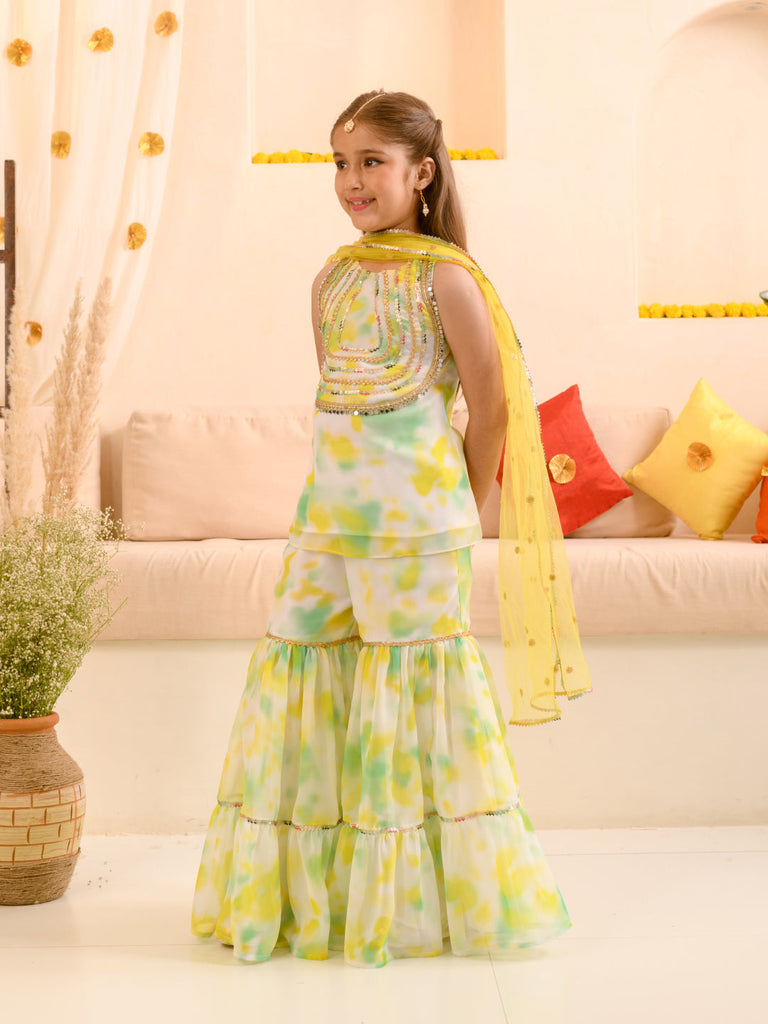 Girls Abstract Printed Sequinned Regular A-Line Kurta & Sharara With Dupatta (SHA-WTGREENMULTI)