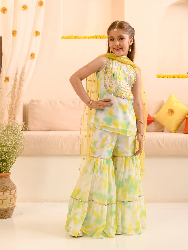 Girls Abstract Printed Sequinned Regular A-Line Kurta & Sharara With Dupatta (SHA-WTGREENMULTI)