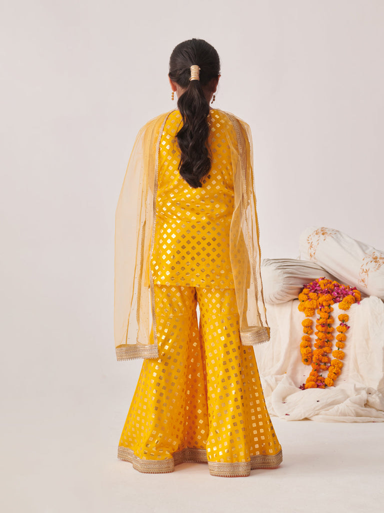 Girls Floral Printed Regular Gotta Patti Kurta With Sharara & With Dupatta (SHA-YELLOWRAYONFOIL)