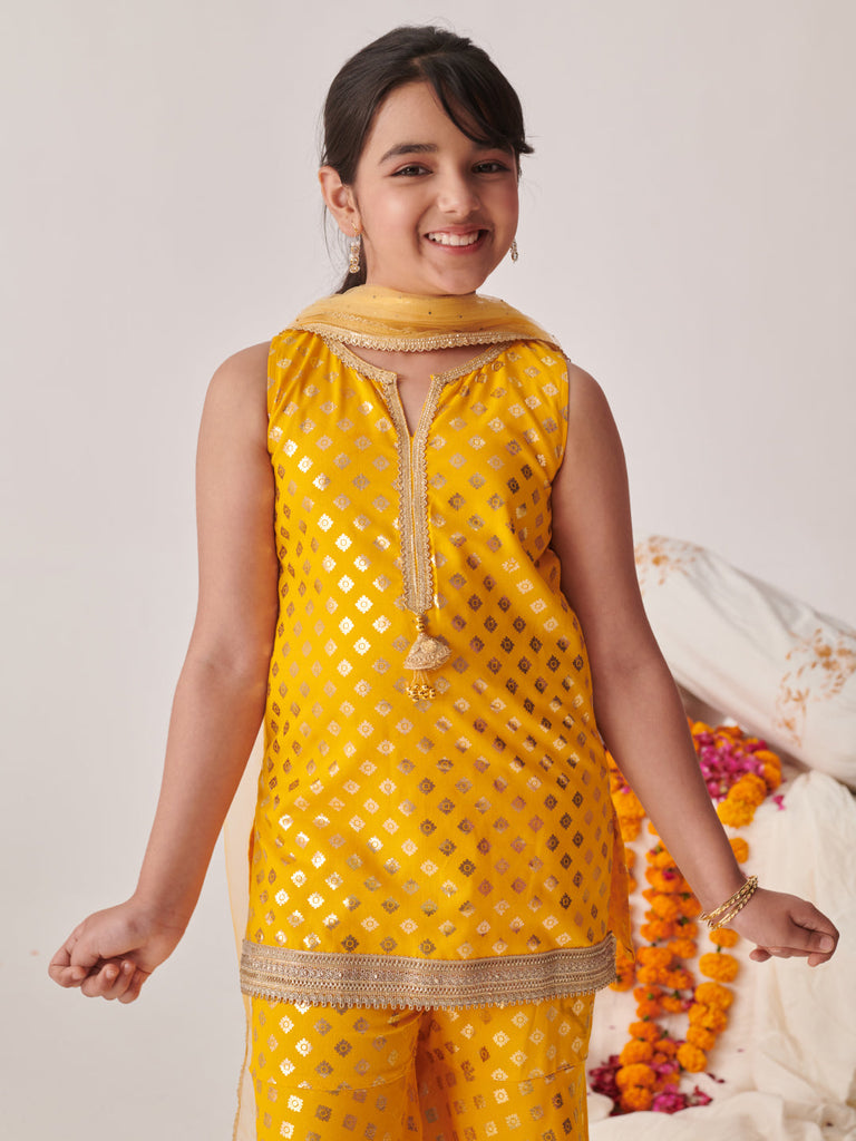 Girls Floral Printed Regular Gotta Patti Kurta With Sharara & With Dupatta (SHA-YELLOWRAYONFOIL)