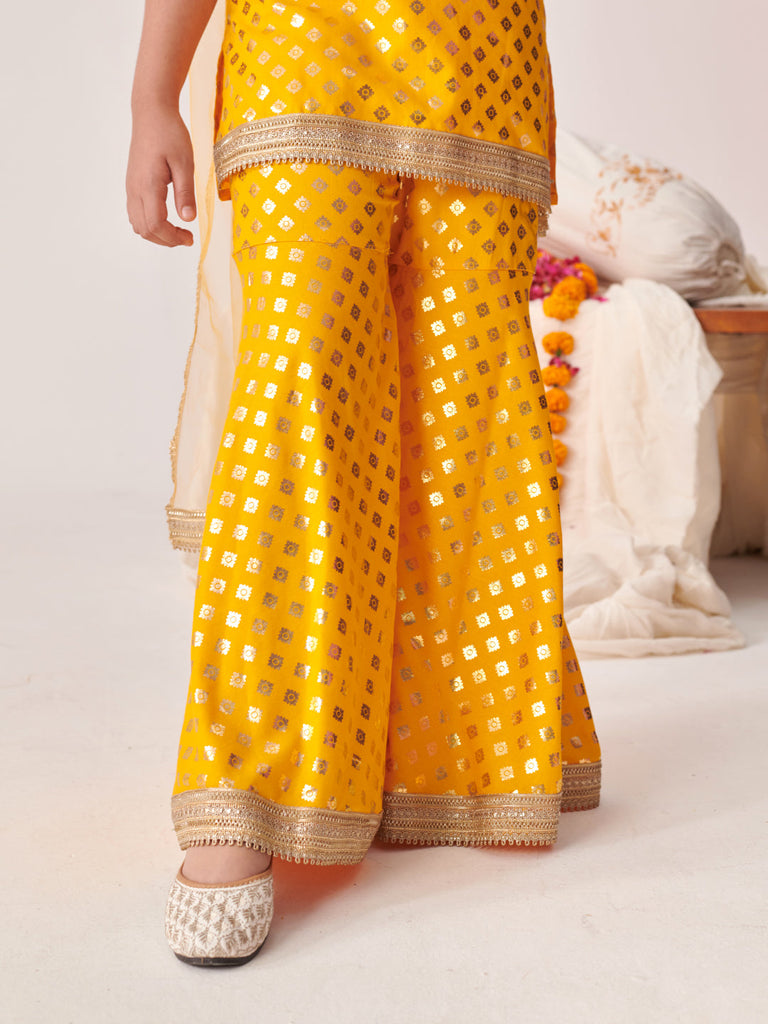 Girls Floral Printed Regular Gotta Patti Kurta With Sharara & With Dupatta (SHA-YELLOWRAYONFOIL)