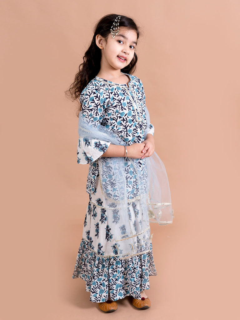 Girls Blue Floral Printed Gotta Patti Pure Cotton Kurti With Sharara & Dupatta (Sha-bluejaal)