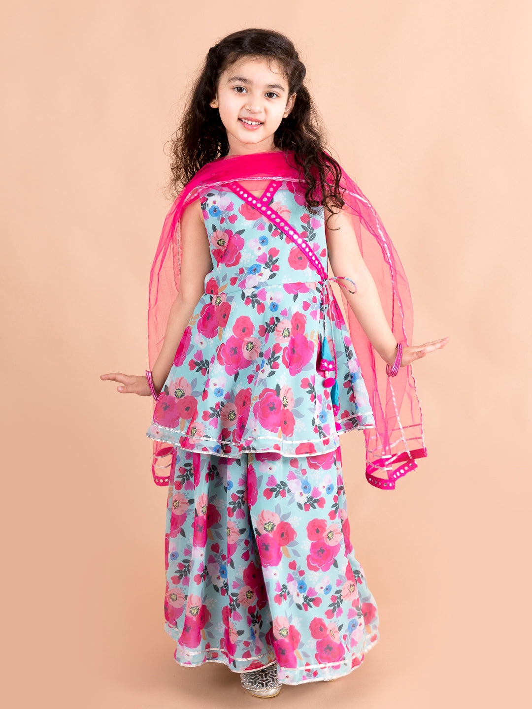 Girls Blue Floral Printed Angrakha Gotta Patti Pure Cotton Kurti with Sharara With Dupatta (Sha-bluemultiggt)