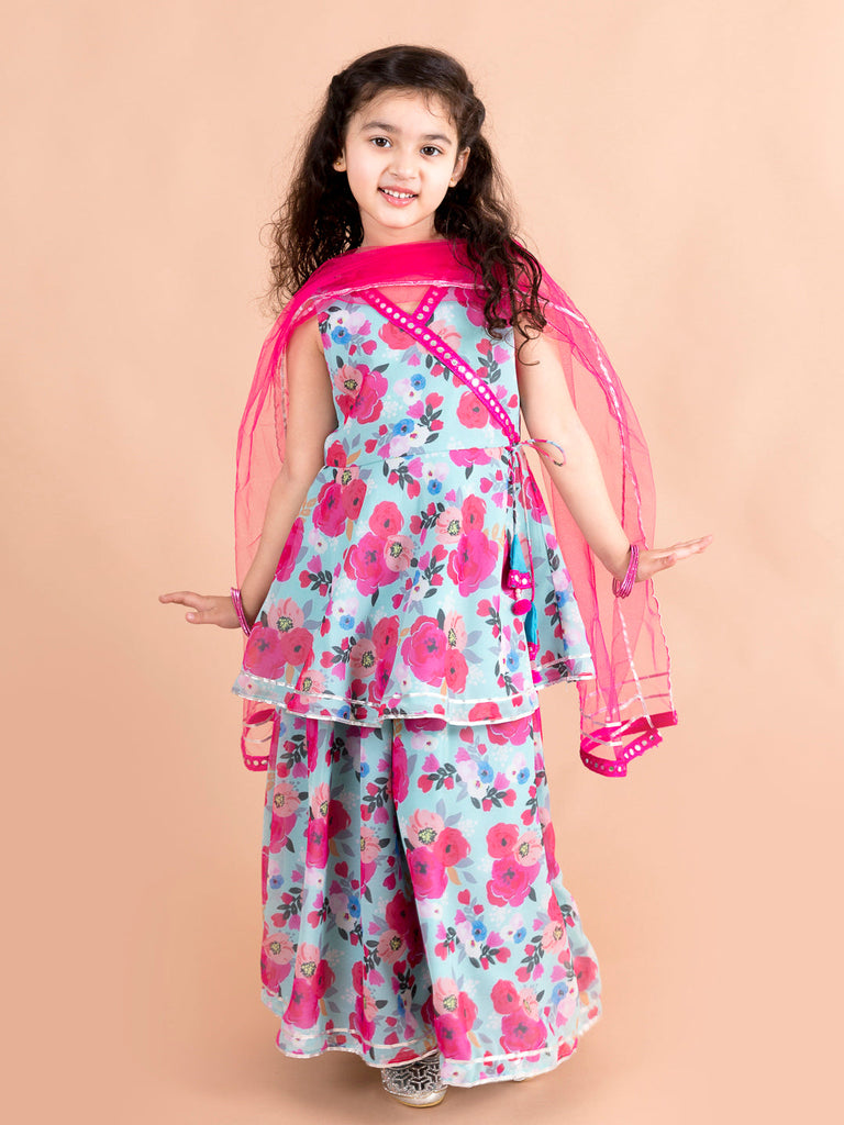 Girls Blue Floral Printed Angrakha Gotta Patti Pure Cotton Kurti with Sharara With Dupatta (Sha-bluemultiggt)