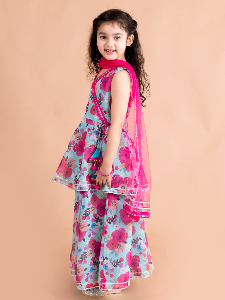 Girls Blue Floral Printed Angrakha Gotta Patti Pure Cotton Kurti with Sharara With Dupatta (Sha-bluemultiggt)