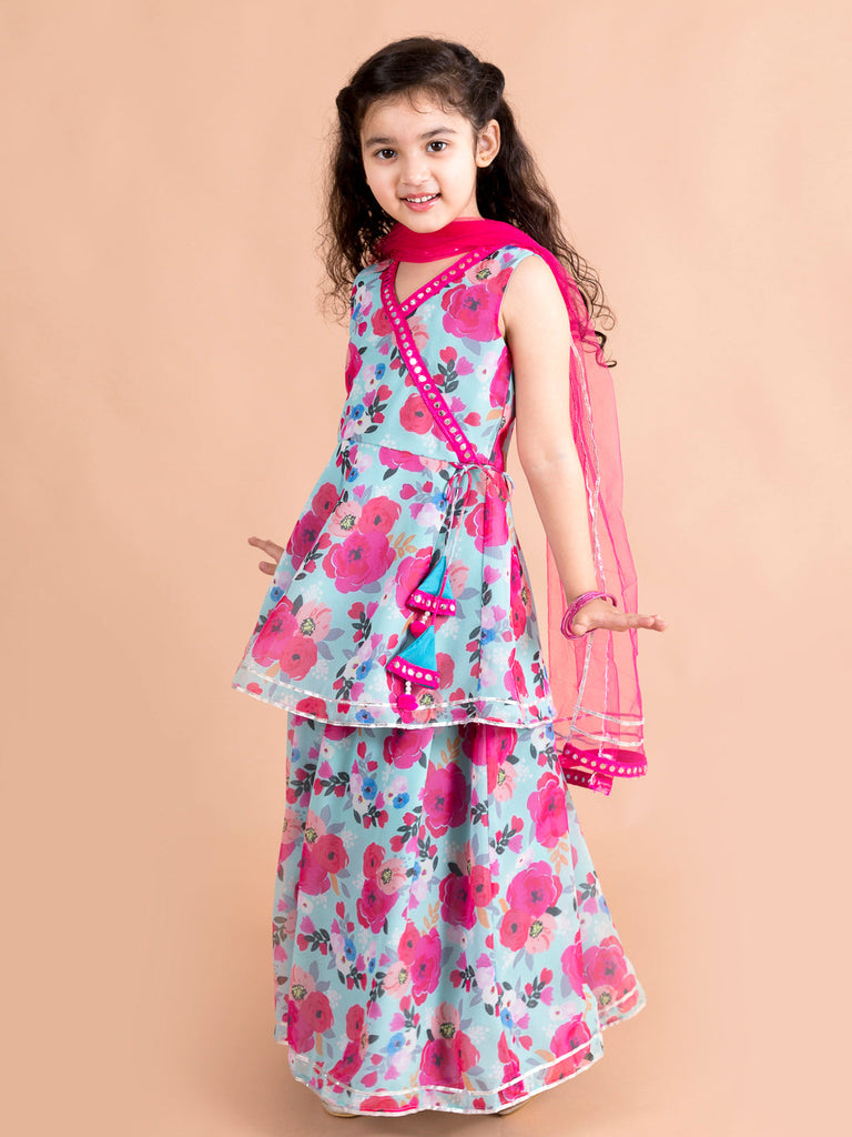 Girls Blue Floral Printed Angrakha Gotta Patti Pure Cotton Kurti with Sharara With Dupatta (Sha-bluemultiggt)