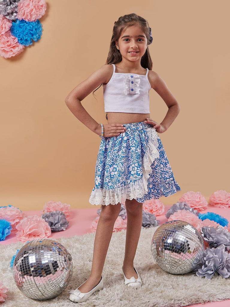 Girls Floral Printed Sleeveless Shoulder Straps Silk Blend Fabric Top with Skirt (sk-bluefrill)