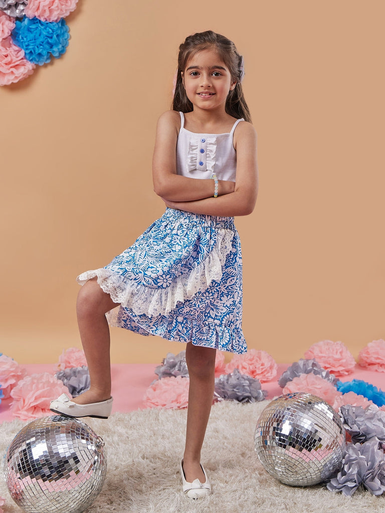 Girls Floral Printed Sleeveless Shoulder Straps Silk Blend Fabric Top with Skirt (sk-bluefrill)