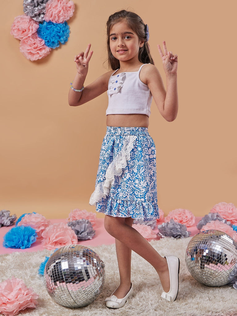 Girls Floral Printed Sleeveless Shoulder Straps Silk Blend Fabric Top with Skirt (sk-bluefrill)