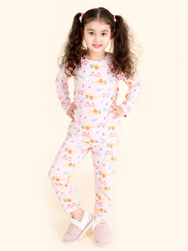 Girls Pink & Blue Printed Pure Cotton Night suit (NW-Goggles)