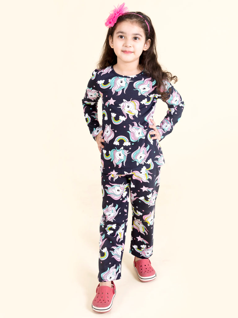 Pspeaches Girls Navy Blue White Printed Night Suit Nw-Unicorn Blue-2 (NW-UNICORN BLUE)