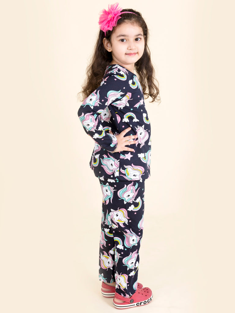 Pspeaches Girls Navy Blue White Printed Night Suit Nw-Unicorn Blue-2 (NW-UNICORN BLUE)