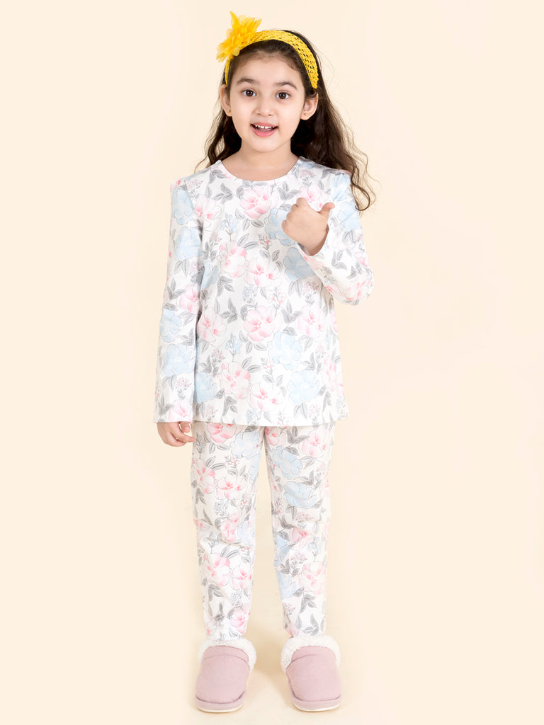 Girls White & Pink Printed Night suit (NW-White Floral)