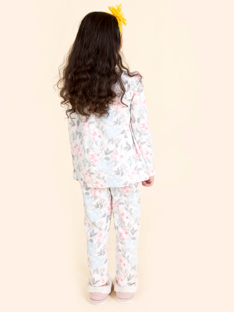 Girls White & Pink Printed Night suit (NW-White Floral)