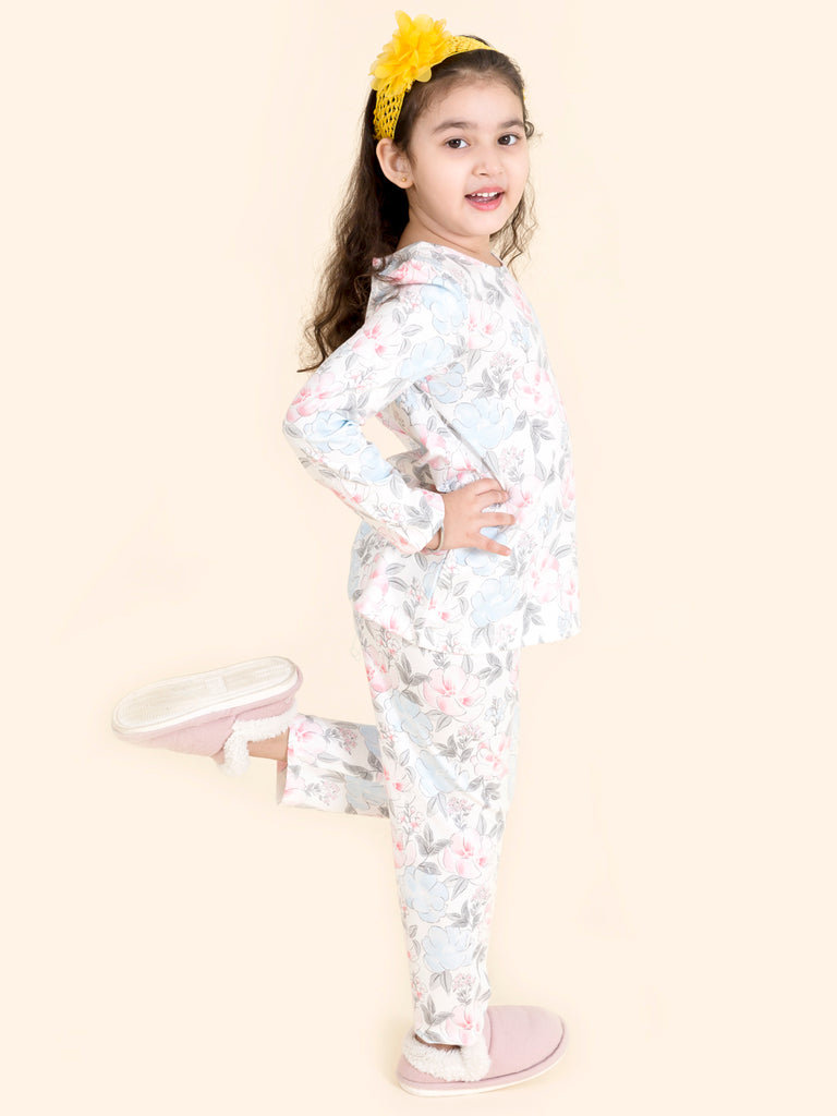 Girls White & Pink Printed Night suit (NW-White Floral)