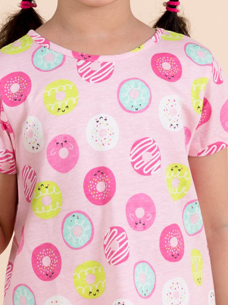 Girls Pink & Yellow Printed Cotton Night suit (NW-Multidonut)