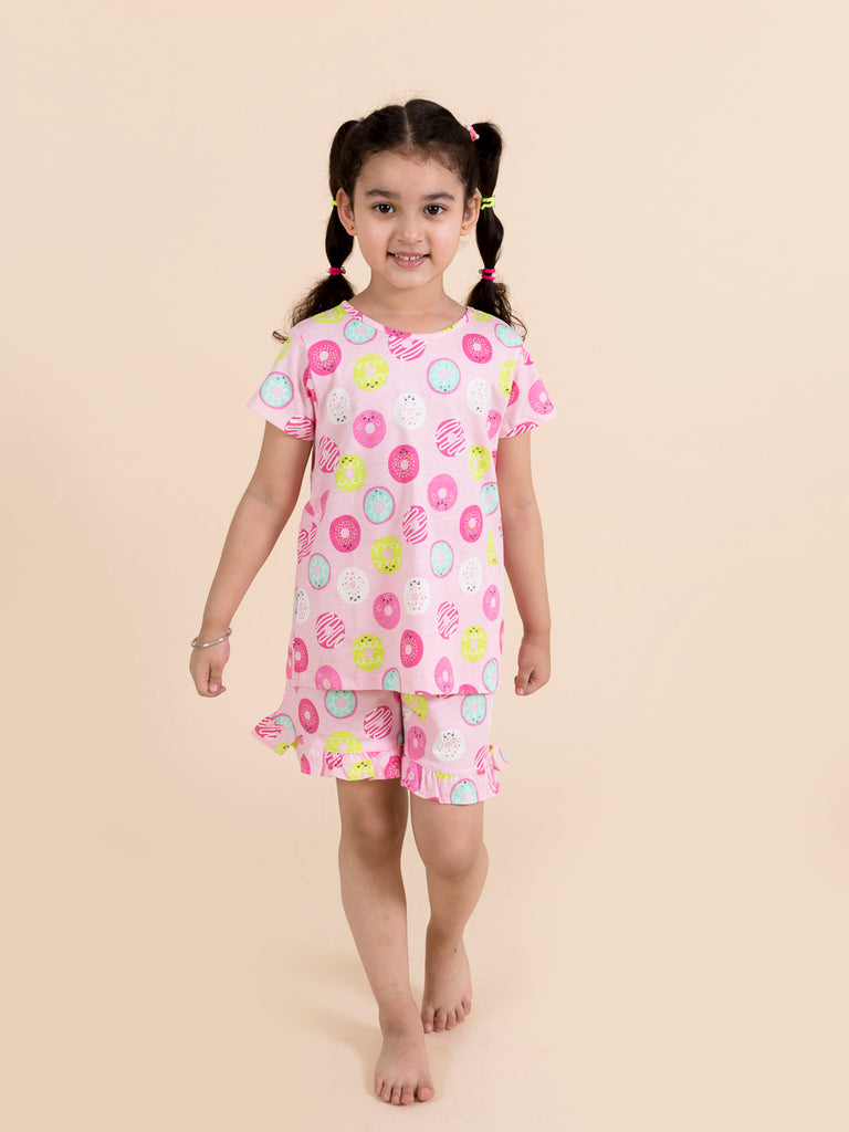 Girls Pink & Yellow Printed Cotton Night suit (NW-Multidonut)