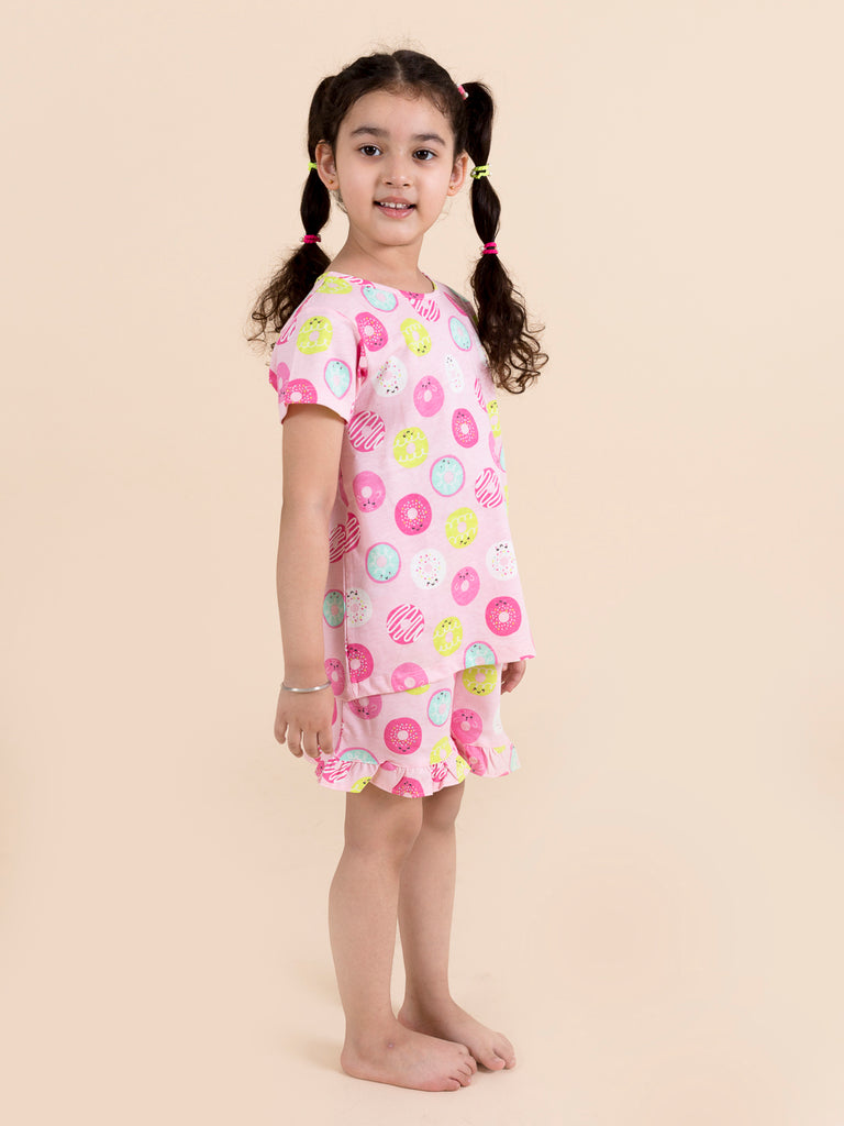 Girls Pink & Yellow Printed Cotton Night suit (NW-Multidonut)