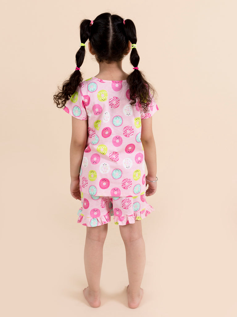 Girls Pink & Yellow Printed Cotton Night suit (NW-Multidonut)