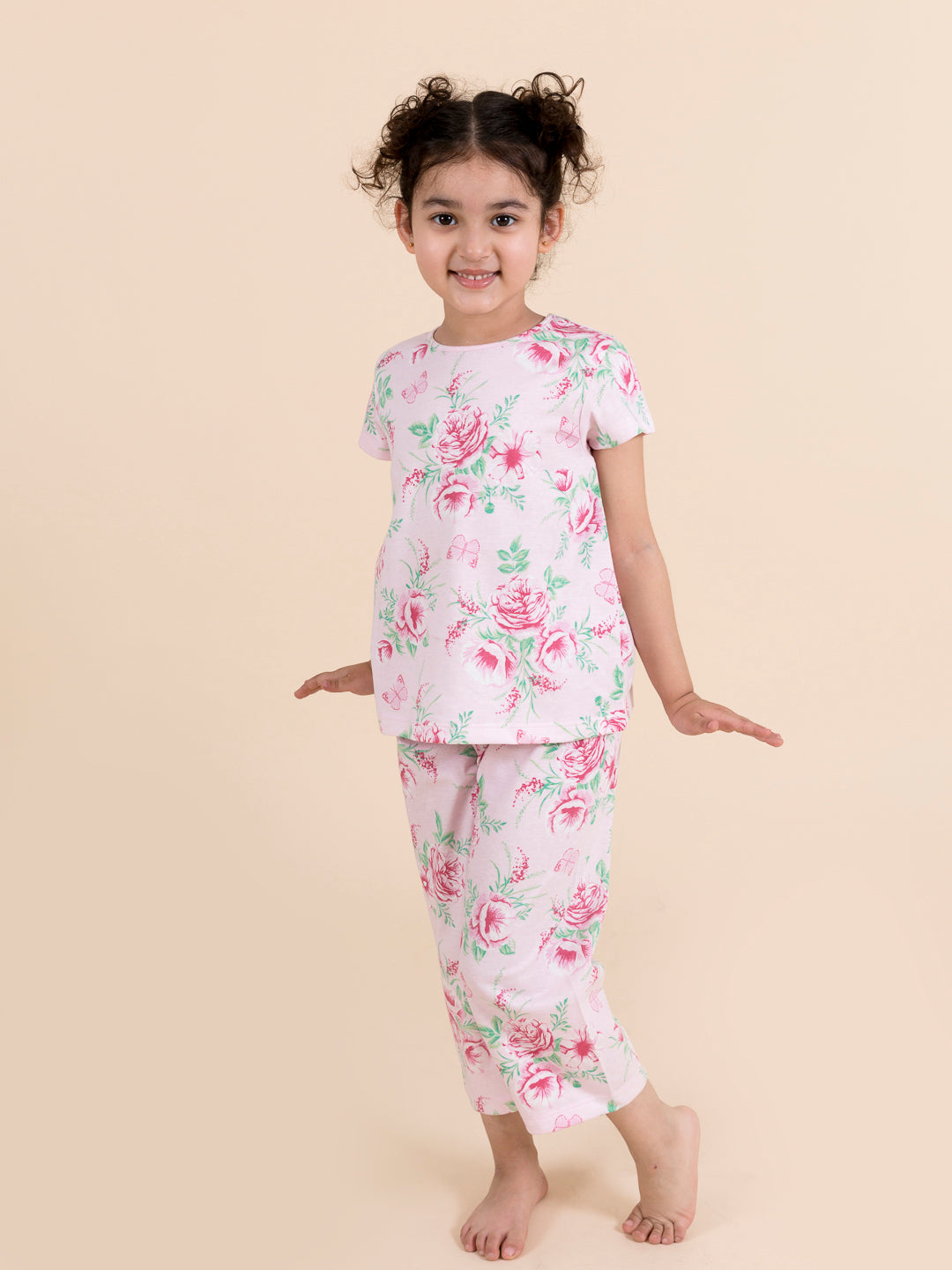 Girls Pink & White Printed Night suit (NW-Pinkgarden)