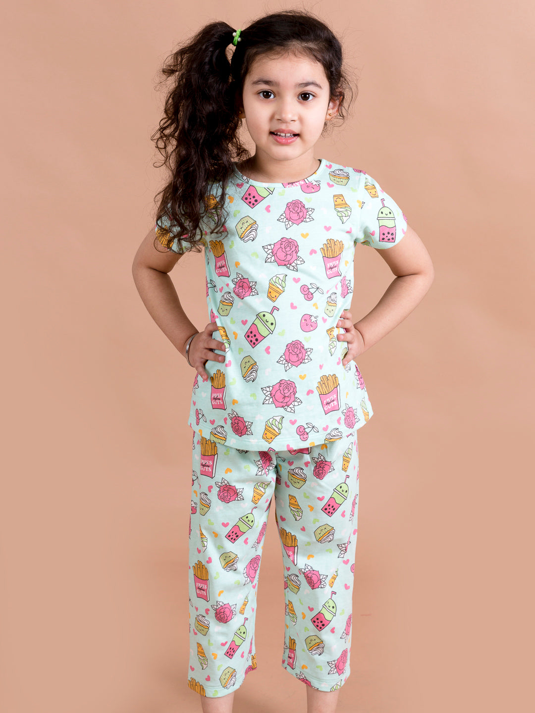 Girls Green & Pink Printed Night suit (NW-GreenRose)