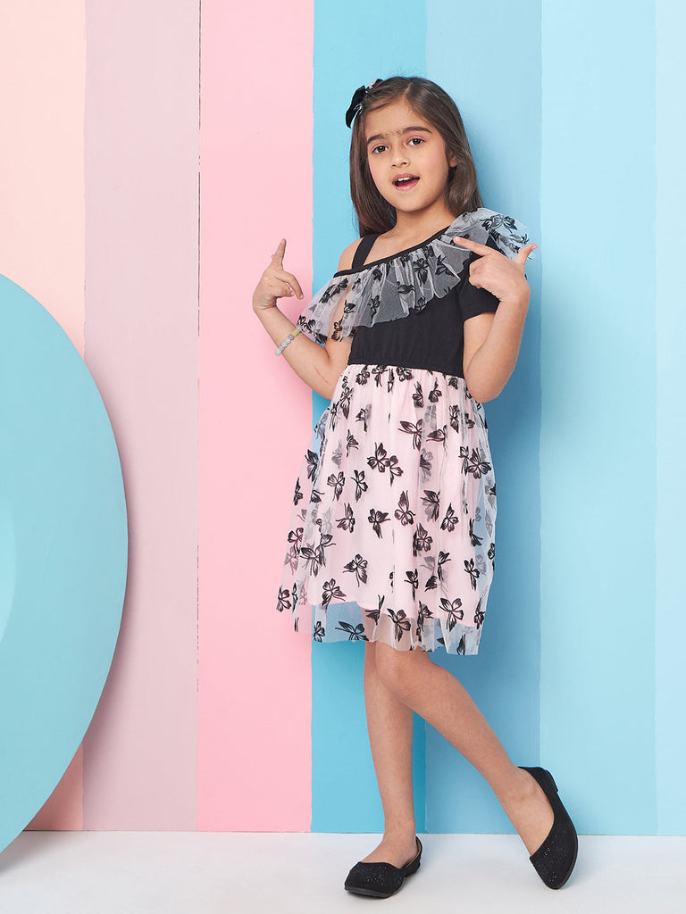 Girl's Floral Print Cold-Shoulder Woollen Net Fit Flare Dress Every day Comfortable Wear (d-blackbutterfly)