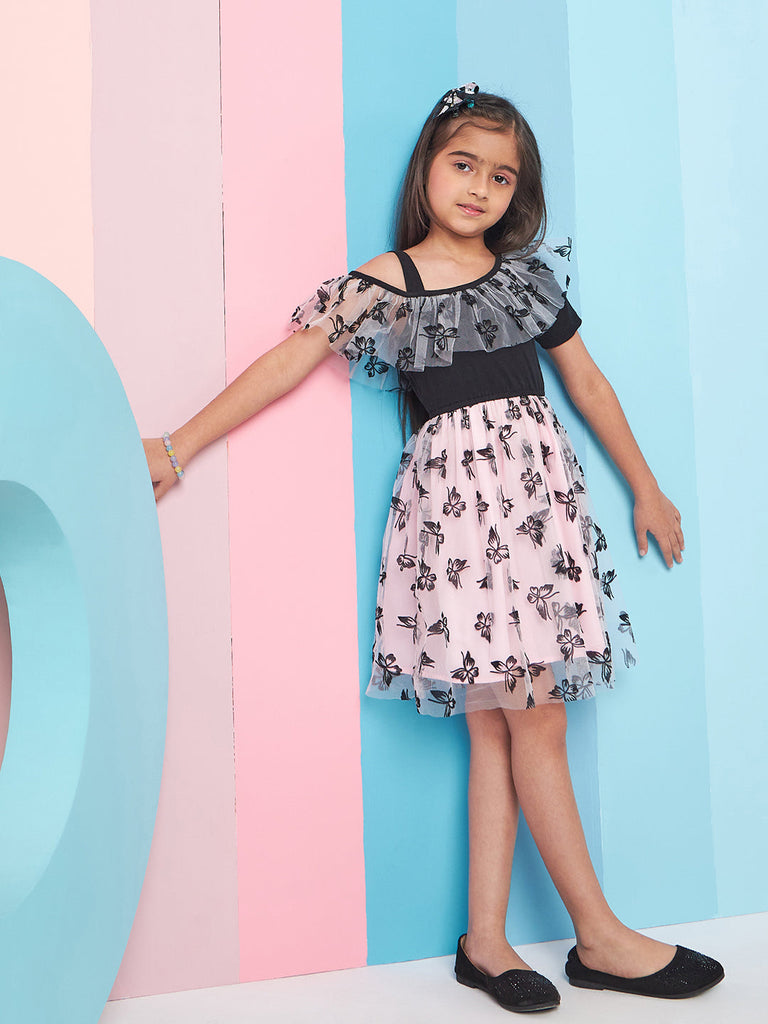 Girl's Floral Print Cold-Shoulder Woollen Net Fit Flare Dress Every day Comfortable Wear (d-blackbutterfly)