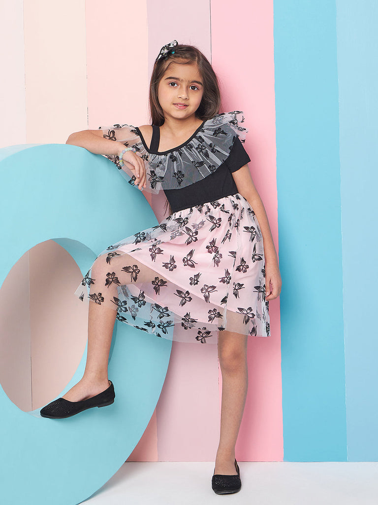 Girl's Floral Print Cold-Shoulder Woollen Net Fit Flare Dress Every day Comfortable Wear (d-blackbutterfly)