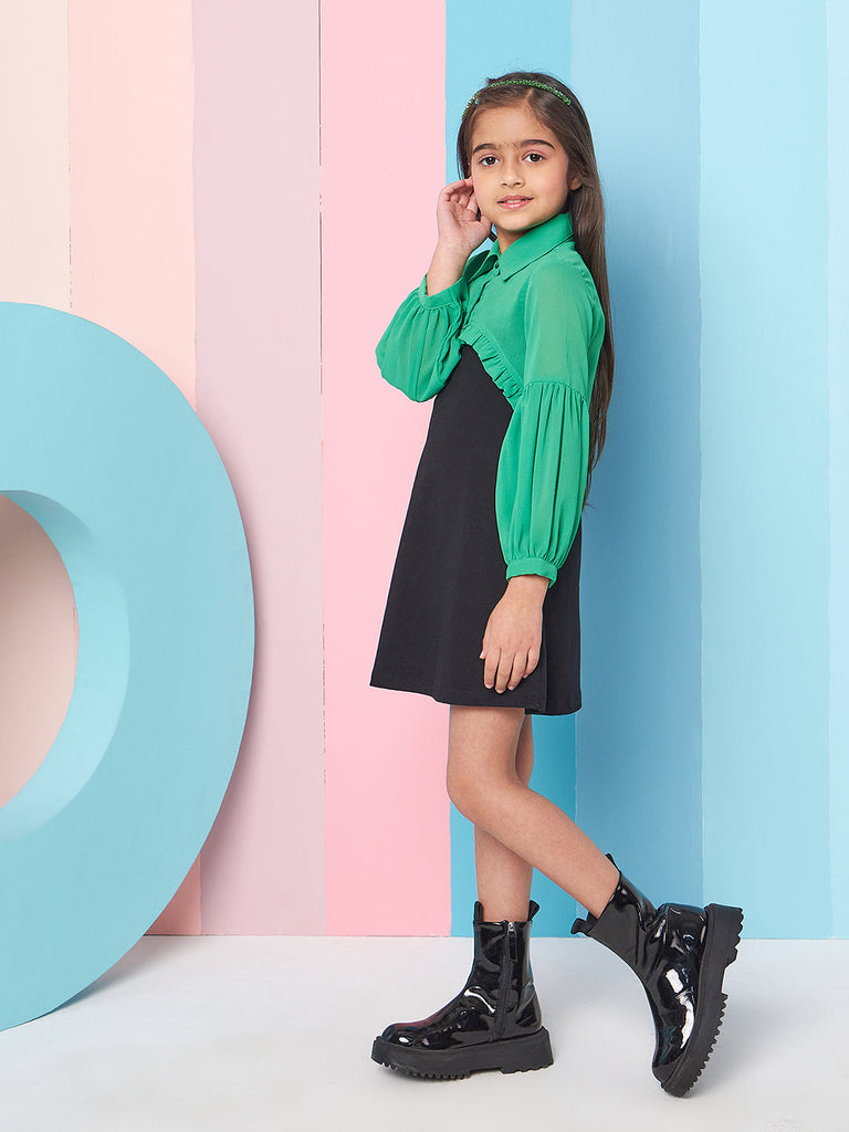 Girl's Shoulder Straps Georgette A-Line Dress With Jacket Effortlessly Causal Wear Stylish and Elegant Black Color (d-blackjac)