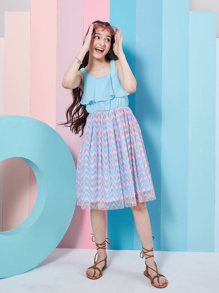 Girl's Geometric Printed Georgette Fit & Flare Blue Dress Trendy Style for Every Occasion (d-bluechevron)