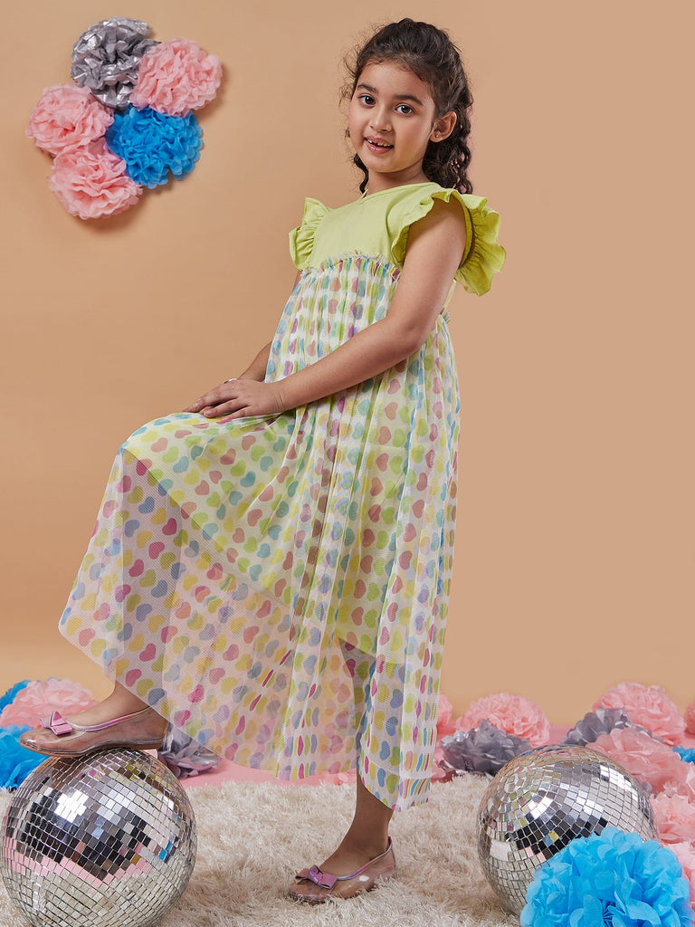 Adorable Girl's Conversational Printed Cap Sleeves Net A-Line Midi Dress Casual Wear Perfect for Everyday Wear (d-heartfrill)