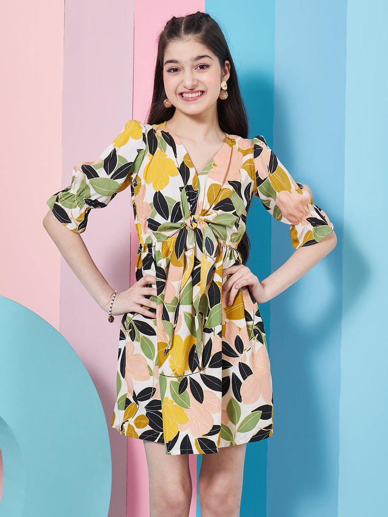 Charming Girl's Floral Printed V-Neck Bell Sleeve A-Line Dress Perfect for Every Occasion (d-letropical)