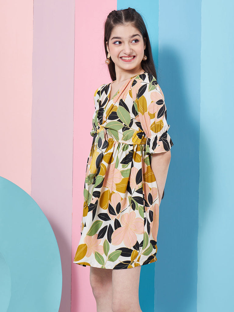 Charming Girl's Floral Printed V-Neck Bell Sleeve A-Line Dress Perfect for Every Occasion (d-letropical)