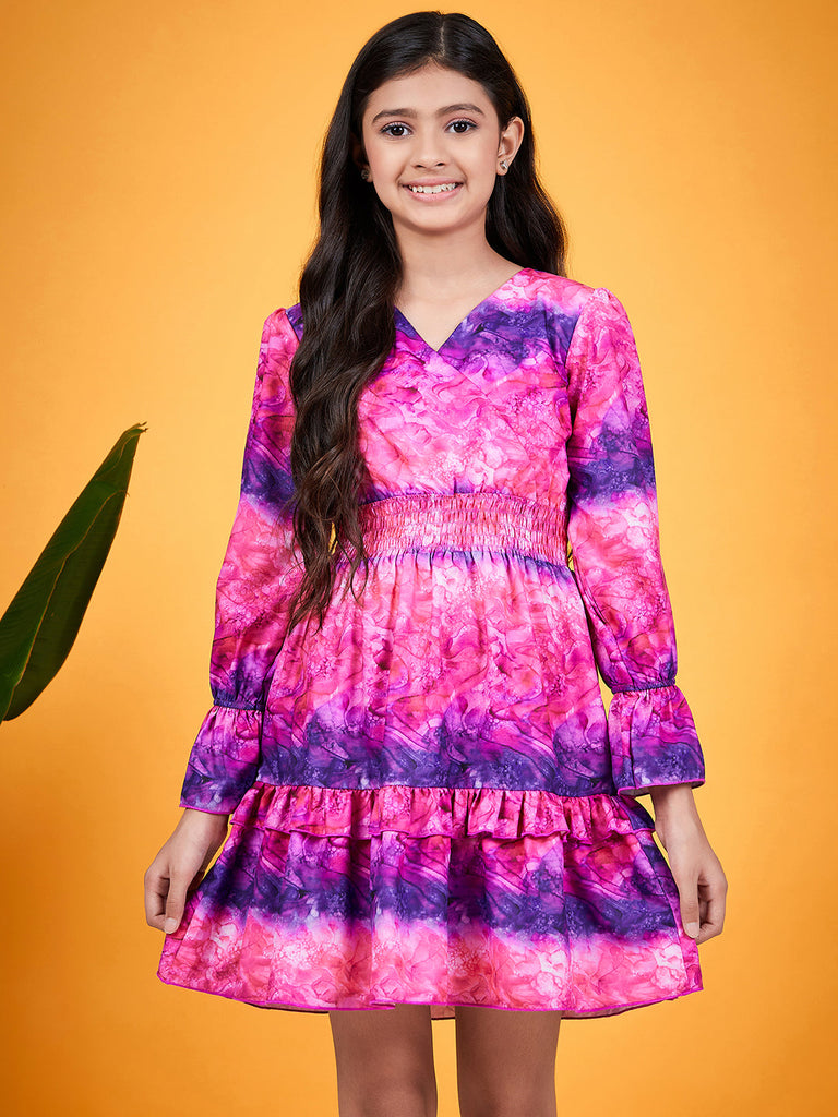 Girls Pink & blue abstract print fit & flare V-Neck Smocked regular sleeves Casual Dress (d-magmarbel)