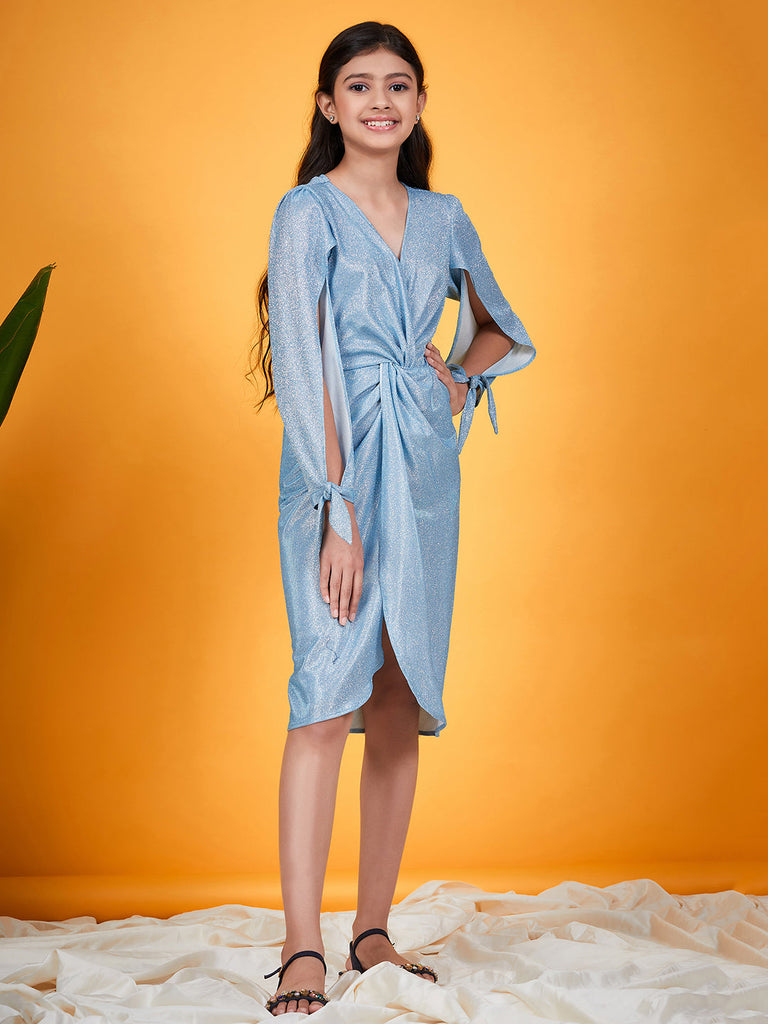 Girls Turquoise blue solid wrap dress V-Neck Slit Sleeves Casual Wrap Dress (d-shimturq)