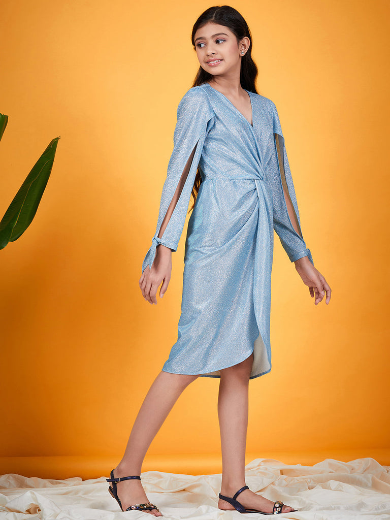 Girls Turquoise blue solid wrap dress V-Neck Slit Sleeves Casual Wrap Dress (d-shimturq)