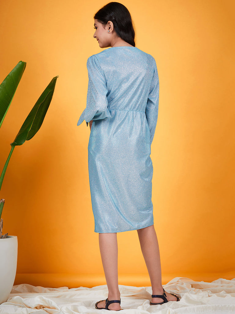 Girls Turquoise blue solid wrap dress V-Neck Slit Sleeves Casual Wrap Dress (d-shimturq)