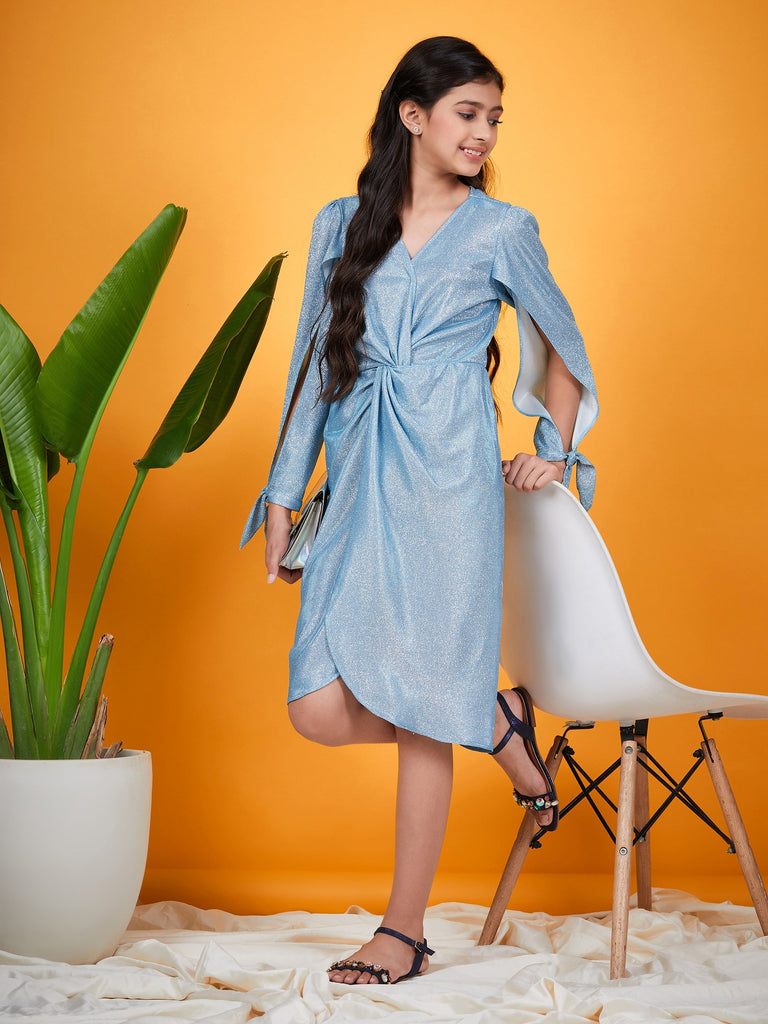 Girls Turquoise blue solid wrap dress V-Neck Slit Sleeves Casual Wrap Dress (d-shimturq)