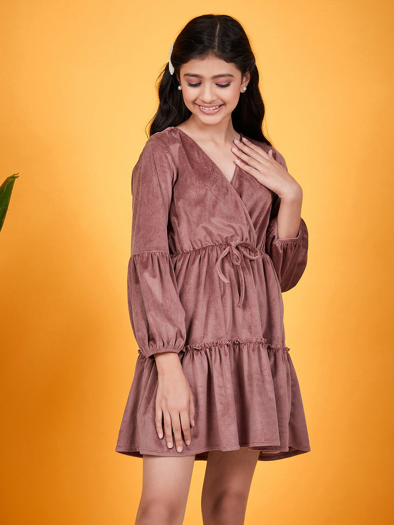 Girls V-Neck Tie Up Gathered & Ruffled Velvet Fit & Flare Dress (d-taupe)