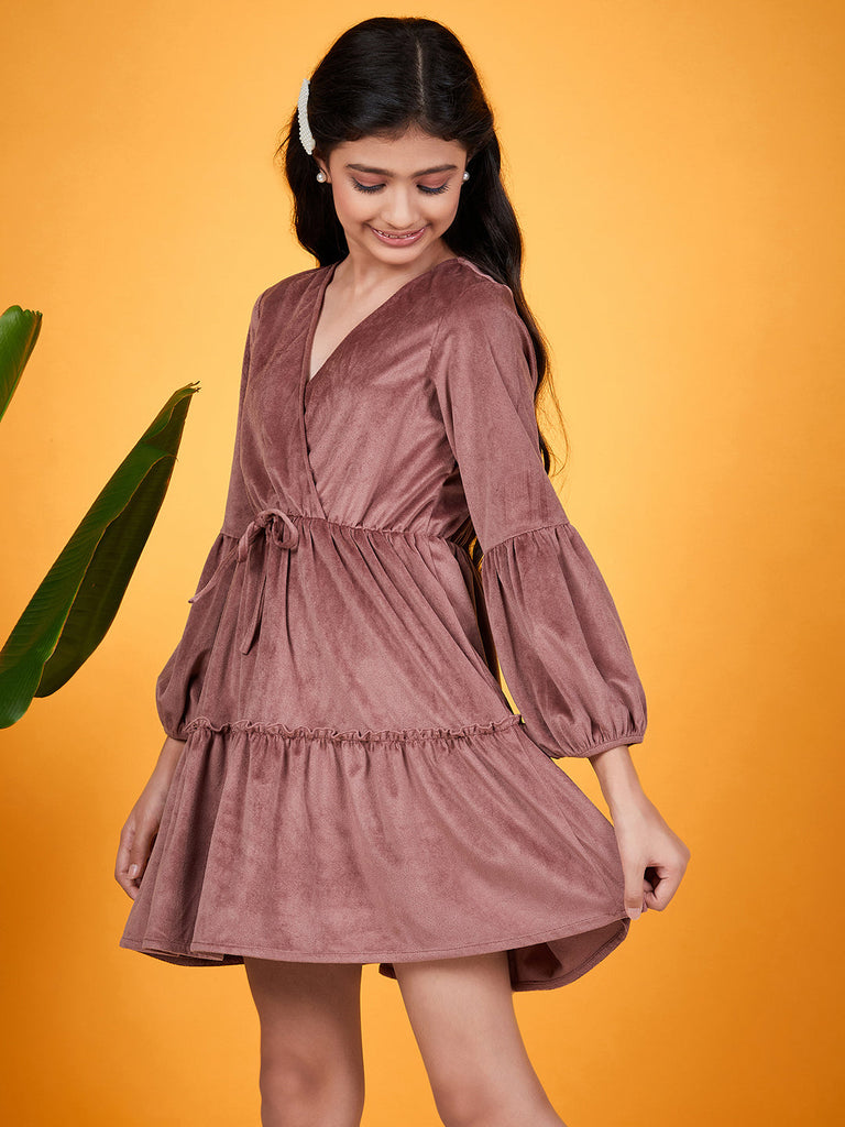 Girls V-Neck Tie Up Gathered & Ruffled Velvet Fit & Flare Dress (d-taupe)