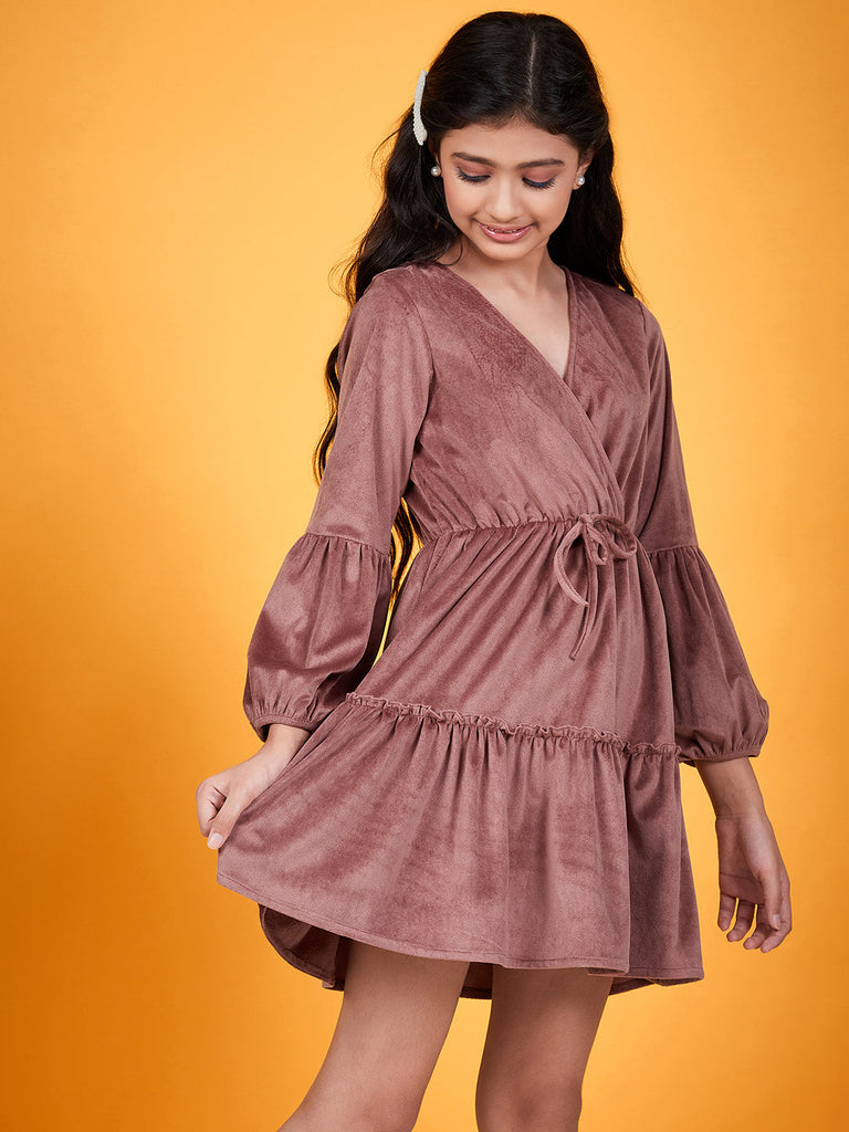 Girls V-Neck Tie Up Gathered & Ruffled Velvet Fit & Flare Dress (d-taupe)