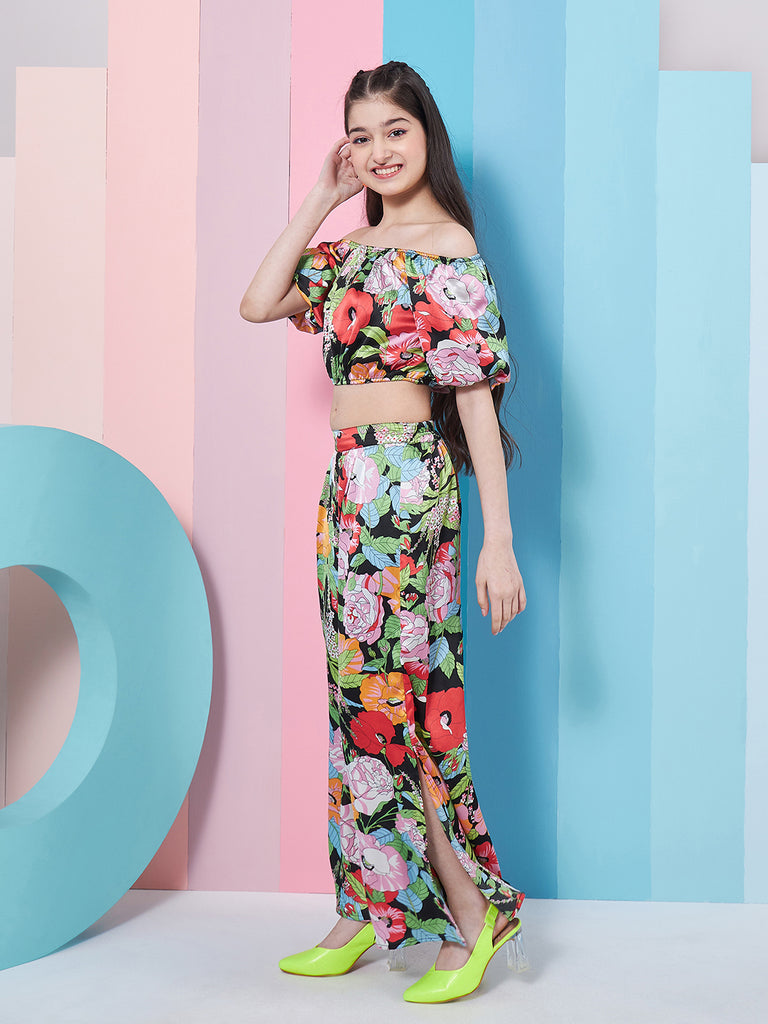 Girls Floral Printed Top With Trousers (s-blacksatin)