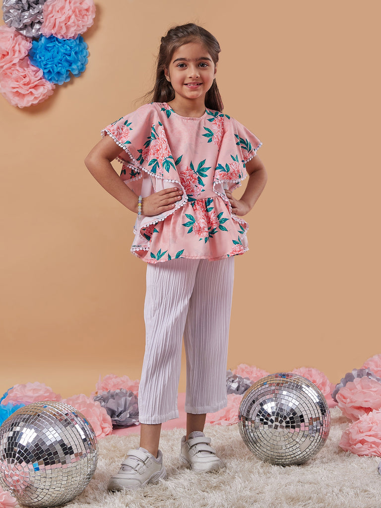 Girls Floral Printed Kimono Sleeve Top with Trousers (s-peachfrill)