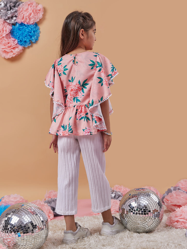 Girls Floral Printed Kimono Sleeve Top with Trousers (s-peachfrill)