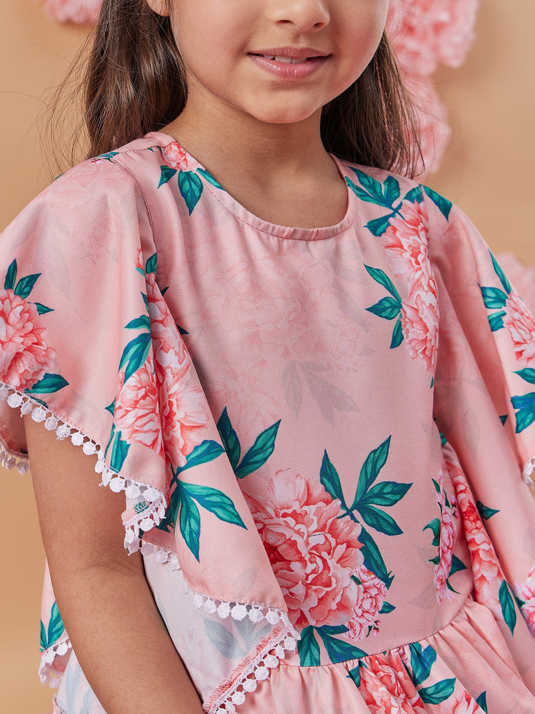 Girls Floral Printed Kimono Sleeve Top with Trousers (s-peachfrill)