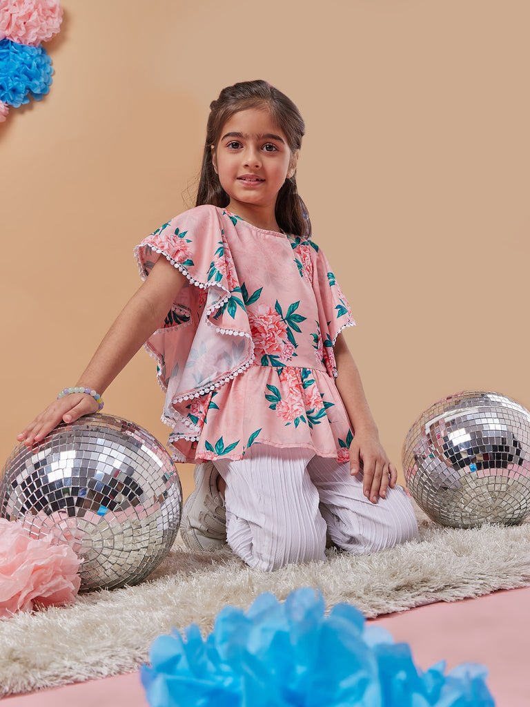 Girls Floral Printed Kimono Sleeve Top with Trousers (s-peachfrill)