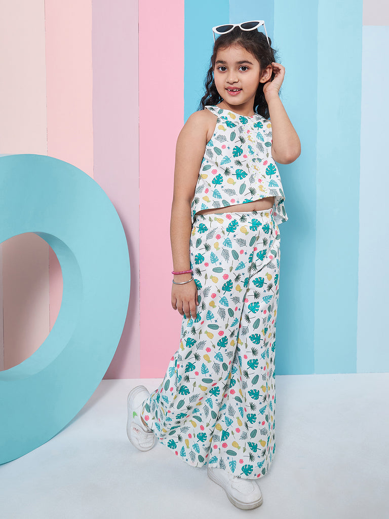 Girls Floral Printed Crop Top With Trousers (s-pineapple)