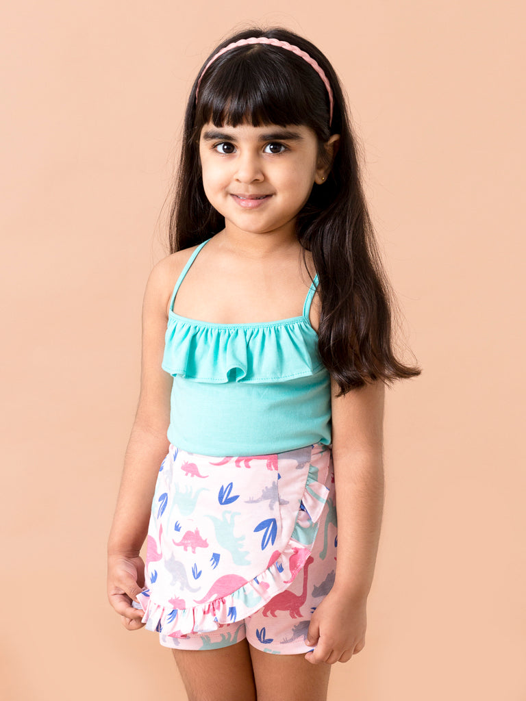 Pspeaches Girls Blues Pink Printed Top With Shorts (SH-PINKDINOSAUR)