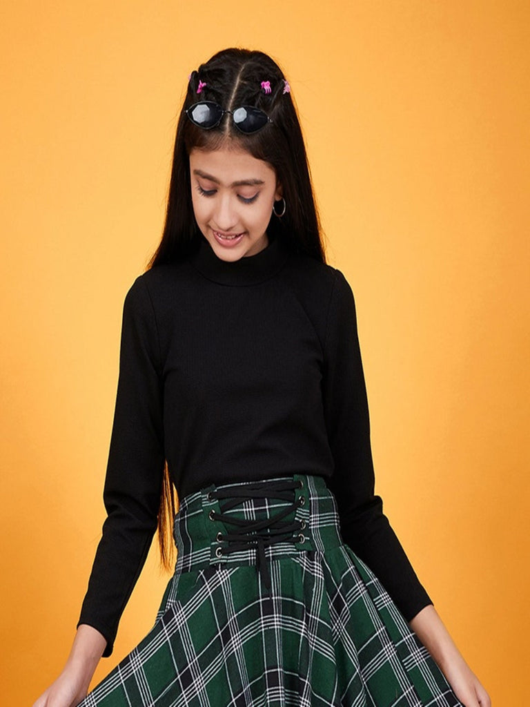 Girls Black solid Top with Green and black printed Skirt Checked Asymmetric Skirt Polyester Fiber (sk-greencheck)