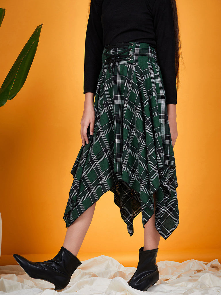 Girls Black solid Top with Green and black printed Skirt Checked Asymmetric Skirt Polyester Fiber (sk-greencheck)